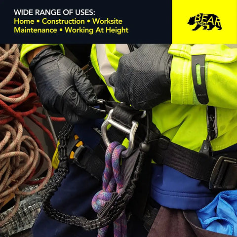Worker using Tool Safety Lanyard With Carabiner Adjustable Loop For Working At Height 3 Ft Durable Pro Grade Lanyard, neon jacket
