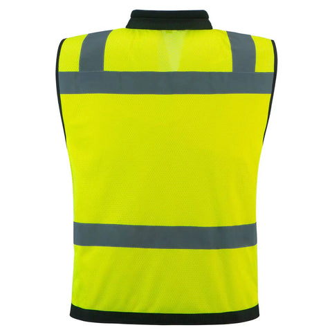 Heavy Duty High Visibility Safety Vest With Reflective Mesh And Multi Pockets For Surveyors Built Different For All Day Grind No Sweat Design In Bright Neon Yellow True Plus Size Fit back view showing reflective strips and mesh material.