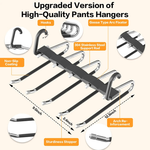 Multi Tier Pants Hangers Hella Space Savin Zero Clutter Closet Game Changer Anti Slip Stainless Steel Wardrobe Setup For Jeans Leggings Skirts And Scarves Black close-up showing hooks and support dimensions.