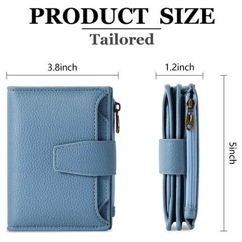 Compact Everyday Wallet For Women With RFID Blocking Soft Cowhide Leather Bifold Card Holder Slim Yet Roomy Zipper Coin Pocket Four ID Windows Durable Craftsmanship Ideal For Cards And Cash in light blue, showing size measurements of 5 x 3.8 x 1.2 inches.