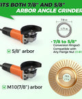 Diagram showing angle grinders and included conversion rings for Pro Grade Five Piece Wood Carving Disc Set with multiple arbors.