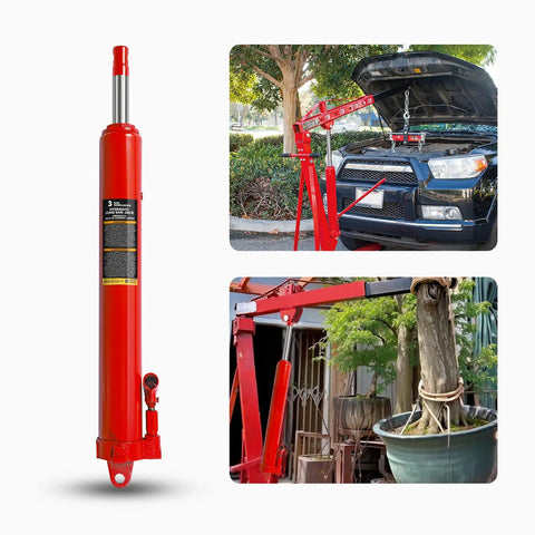 Heavy Duty Hydraulic Long Ram Jack 3 Ton Capacity Engine Hoist Cylinder for automotive and gardening use, showcasing versatility and strength.