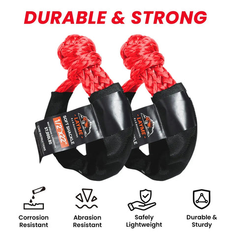 Pair of durable red 1/2in x 22in soft shackles for off-road recovery, labeled with product features and benefits.