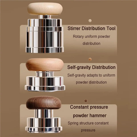 Dope Espresso Coffee Tamper Set With Self Leveling Distributor And Wdt Tool For Dead On Puck Prep Calibrated 58 Mm Pro Grade Tamper, showing three distribution tools with wooden handles.