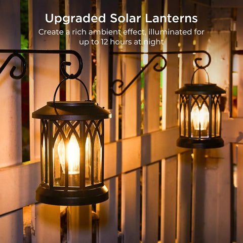Outdoor Solar Lanterns Waterproof Hanging Lights For Backyard illuminating garden fence with warm glow, 2 pack
