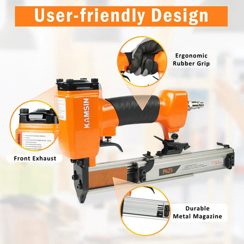 Ultra Lightweight 23 Gauge Pneumatic Pin Nailer For Cabinet And Door Install with ergonomic rubber grip and durable metal magazine.