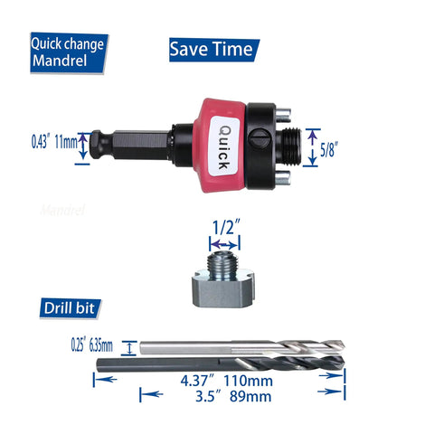 Fast Change Hole Saw Mandrel With 7/16 Inch Shank Quick Connect Arbor 9/16 To 10 Inch Hole Saws, adapter, bits shown.