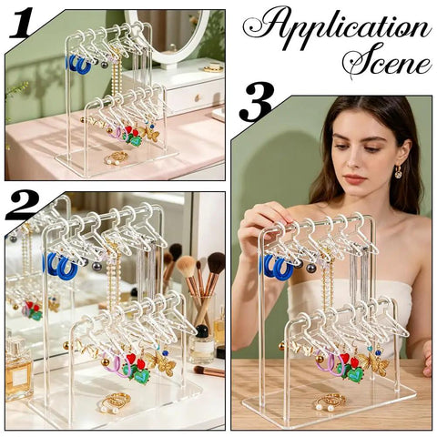 Super Sleek Acrylic Earring Holder Stand With Twenty Mini Hangers Holds Up To Sixty Pairs Two Tier Jewelry Organizer showcased on vanity.