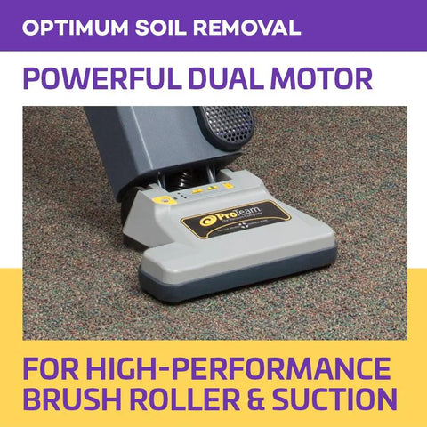 ProForce 1200XP Heavy Duty Commercial Upright Vacuum Cleaner With Dual Motor on carpet, focusing on brush roller and suction design.