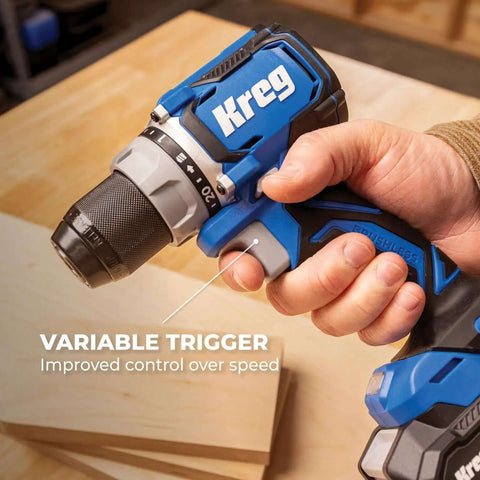 Top Shelf Pocket Hole Jig 720 Pro With Killer 20 Volt Cordless Drill Driver Combo Kit showing variable speed trigger for enhanced control.