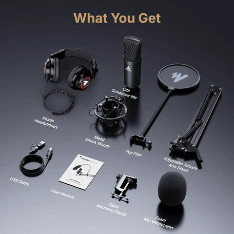 USB Condenser Microphone With Studio Headphones Set for Podcasting and Streaming, Cardioid Vocal Mic With accessories included
