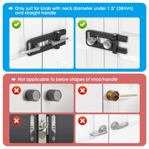 Image showing compatibility guide for Tough As Nails Double Door Security Lockout For French Doors with accepted and rejected knob styles.