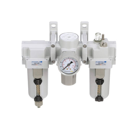 Compressed Air Filter Regulator Lubricator Combo With One-Half Inch NPT, Metal Bowl With Sight Glass, Manual Drain