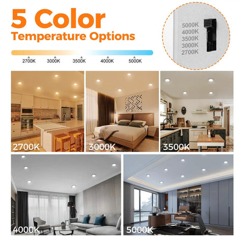 Five color temperature options of 48 Pack 6 Inch Led Recessed Lights With Night Light in various room settings