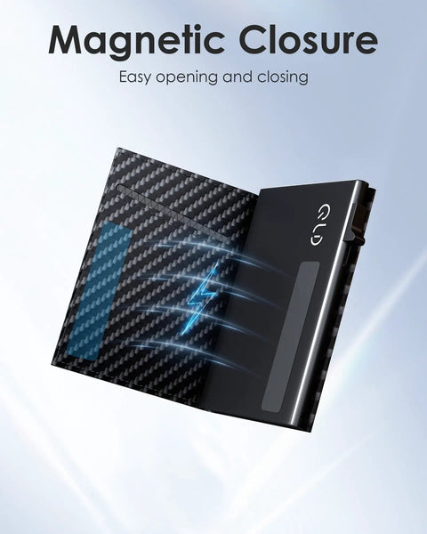 Open RFID Blocking Wallet For Men With Pop Up Card Holder And Trifold Slim Design showing magnetic closure in carbon fiber