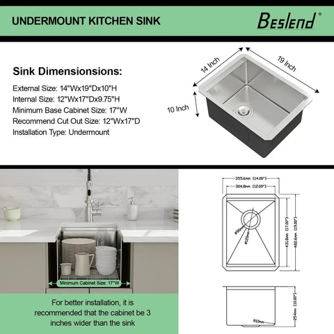 Diagram and dimensions of Undermount 14 Inch Stainless Steel Bar Sink With Deep 10 Inch Bowl 16 Gauge T304 Workstation Kitchen Sink