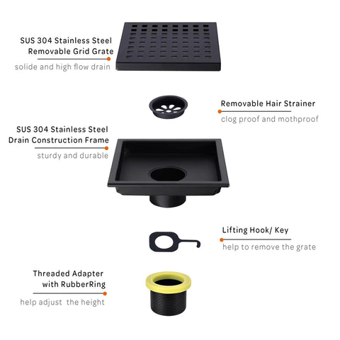 6 Inch Stainless Steel Shower Floor Drain With Threaded Adapter And Removable Grid Cover With Slick Matte Black Finish parts view
