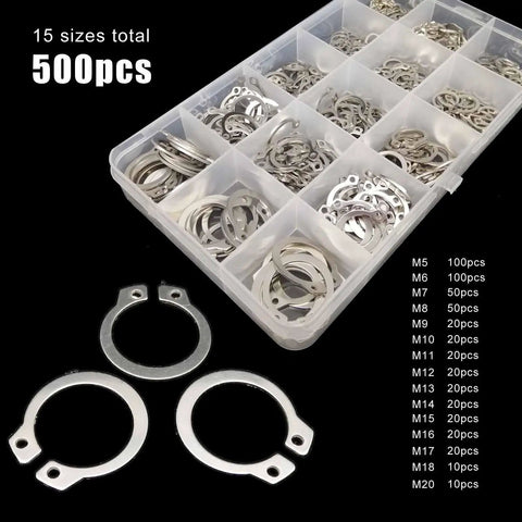 250/500 Piece Assortment Kit Set 5 To 20mm External Retaining Ring Snap Ring C Type Circlip For Bearings And Shafts 304 Stainless Steel Corrosion Resistant And High Temperature Durable, 500-pcs in box
