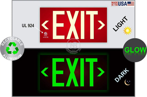Frameless Red Photoluminescent Exit Sign With Removable Arrows No Wiring Required UL 924 Listed NFPA 101 IBC Compliant
