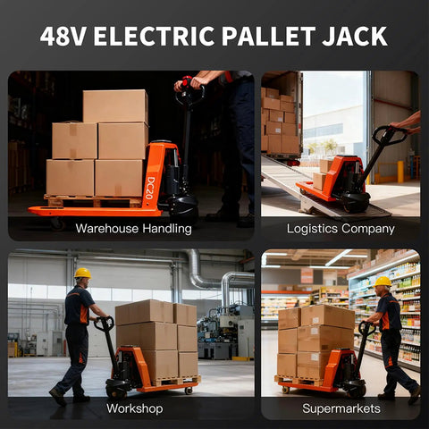 Heavy Duty 48V Electric Pallet Jack With Massive 4400lb Load Capacity For Warehouses in use at a logistics company.
