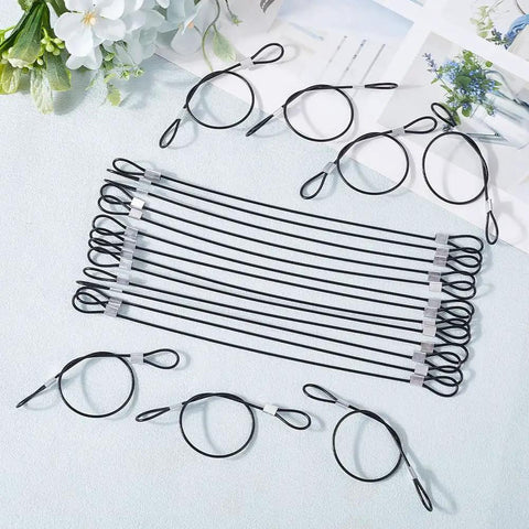 20 Pack 9 Inch Stainless Steel Wire Rope Lanyards With Rubber Coated Braided Cable Locks, laid out on a flat surface