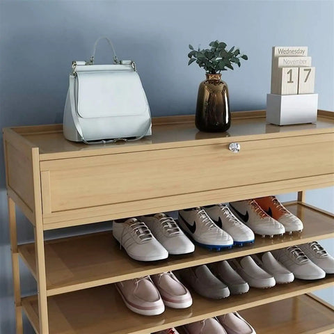 10 Tier Vertical Shoe Rack With Top Storage Box For Closets Narrow Profile with shoes and handbag displayed on top.