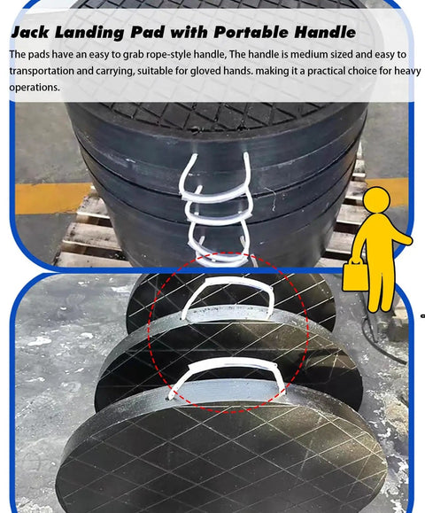 Heavy Duty Polyethylene Outrigger Pads For Cranes And Trailers, No Sweat Setup With Comfort Grip Handle, Round RV Leveling Blocks. Close-up of jack landing pads with rope handles, ideal for heavy lifting.