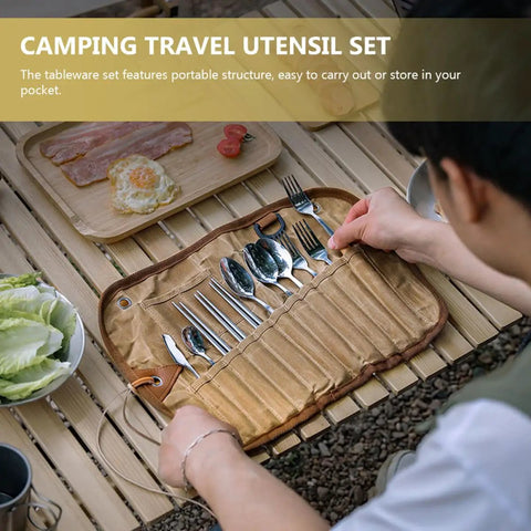 Person organizing Stainless Steel Camping Utensil Set With Spoon Fork Chopsticks All In One Travel Camp Kitchen Kit on table