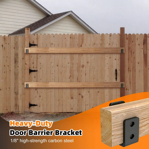 4 Pack Premium Extra Thick Beefy Door Barricade Brackets Black Hella Secure U Shaped Security Bars For 2x4 Lumber mounted on wooden fence.