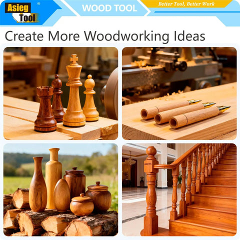 Woodworking projects including turned vases, chess pieces, and stair spindles in a workshop setting.