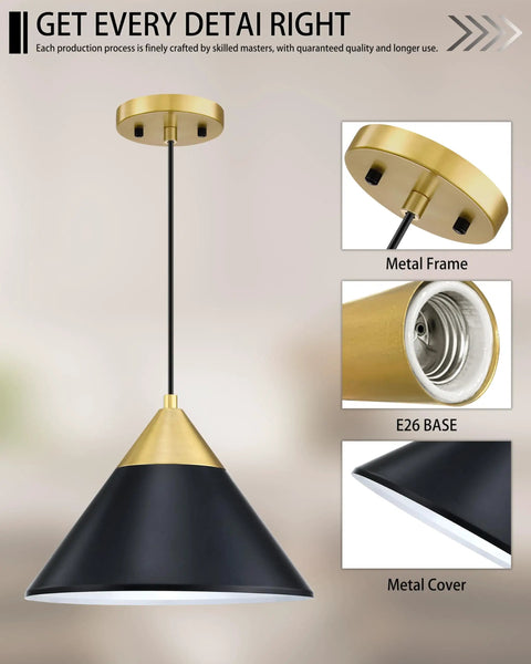 Dope Modern Industrial Gold Pendant Lights 12 Inch Hanging Ceiling Fixtures showing black metal cover and E26 base