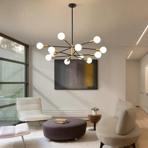 Modern 12 Light Sputnik Chandelier in Black and Gold for Dining Room Over Table, Mid Century Style Vibe, Height Adjustable for High Ceilings