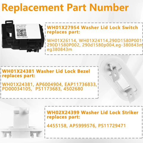 Washer Lid Lock Kit 3 Pack With Switch Bezel And Striker For Top Load Washers Easy Install Durable Replacement Parts For Worn Out Locks