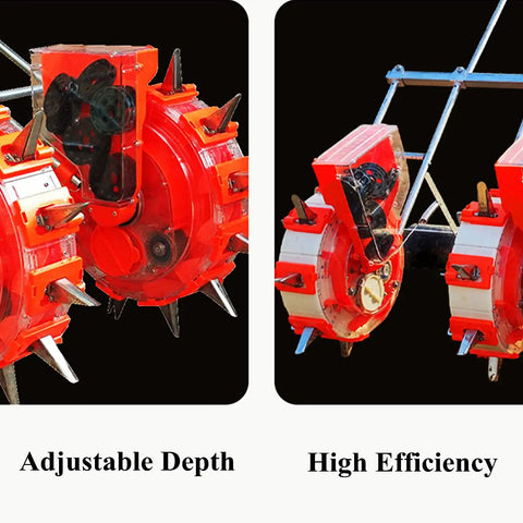 Walk Behind Garden Seeder Six Hole Seed Spreader Hand Push Planter showing adjustable depth and high efficiency features