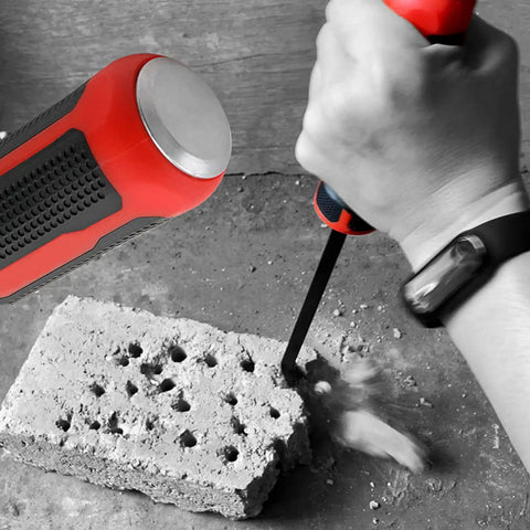 Heavy Duty 8 Inch Pry Bar Set Featuring Curved Hook Head And Integrated Strike Hammer End With Chunky Plastic Grip For Demanding Auto Repair And Knuckle Busting Mechanical Tasks That Get Leverage Worked Easy - Striking tip in use on concrete block.