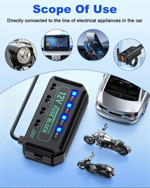 Drop In 12V Fuse Block With 20A Relay Junction Kit Featuring Four Separate Circuits and mini blade holders with blue indicators.