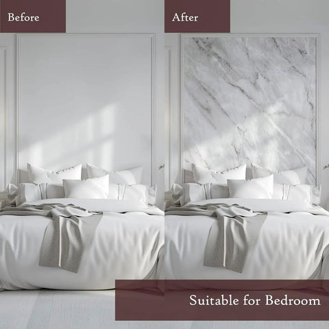 Before and after bedroom wall with Marble Look Premium Peel And Stick Contact Paper Vinyl for DIY upgrade.