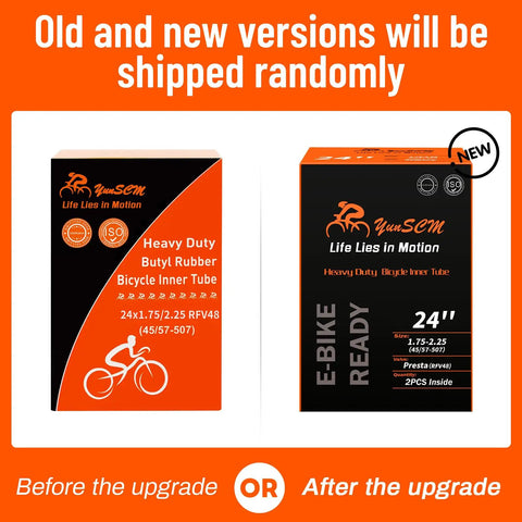 Two Pack Beefy 24 Inch Heavy Duty Bike Tubes 24x1.75 To 24x2.25 45 57 507 With 48mm Presta Valve packaging variations