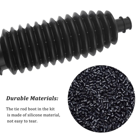 Truck Grade Two Piece Inner Tie Rod Boot Kit With Trimmable Sleeves And Cranking Clamps showing durable black silicone material.