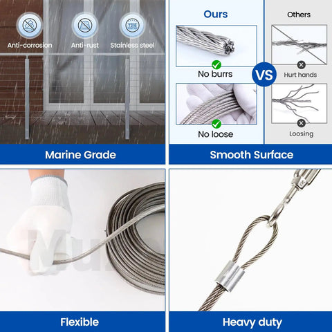 Comparison of 300 Feet One Eighth Inch Stainless Steel Cable Railing Kit With T316 Wire Rope 7x7 Strands, showing anti-corrosion and flexibility.