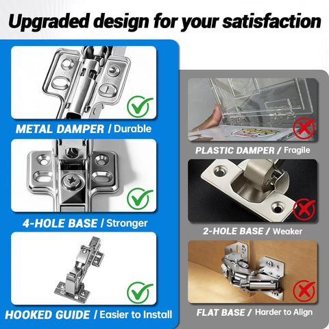 Comparison of metal damper and plastic damper with features of 4 Pack Frameless Soft Close Cabinet Hinges 170 Degree Concealed