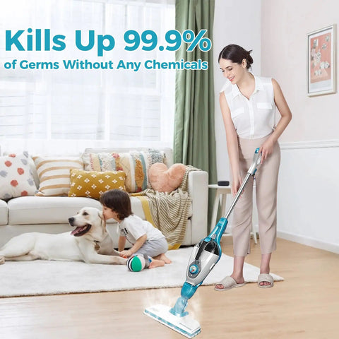 Woman using steam mop with Universal Microfiber Steam Mop Replacement Pads 4 Pack For Quick Cleanups Pro Grade Must Have