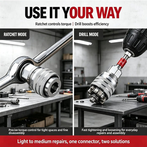 Two Pack Adjustable Universal Socket Wrench Tool Set Featuring 10mm To 19mm Adapters in ratchet and drill modes on a workbench.