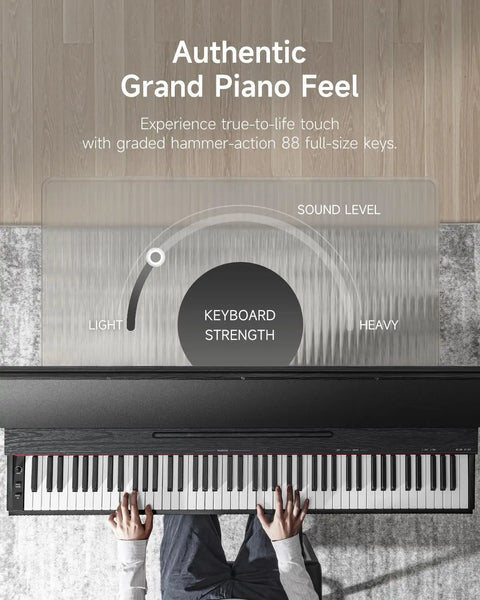 Top view of OURA S300 88 Key Weighted Digital Piano With Graded Hammer Action displaying keyboard strength levels.