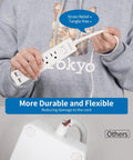Person holding Ultra Thin 15 Ft Flat Extension Cord With 3 Outlets And 2 USB Ports, Wall Mount Power Strip, Low Profile Flat Plug