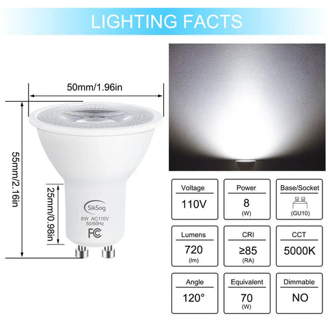 GU10 LED Light Bulb 5000K Daylight White, 70W Halogen Equivalent, Non Dimmable, 120 Degree Flood Beam, 720 Lumens diagram