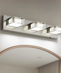 Dope Four Light Chrome Finish Crystal LED Vanity Light over mirror in bathroom, 28 inch, 24W, 5500K bright white, dimmable.