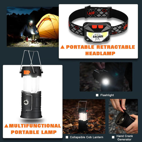 All In One Outdoor Survival Gear Set With Large Camping Backpack And First Aid Kit, Ultimate Camping Equipment For Hiking Adventures, Ready To Roll Backpack With Essential Tools showing headlamp and lantern with features displayed