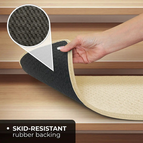 Person holding Skid Resistant Carpet Stair Treads Set Of 15 In Ivory Cream 8 X 27 Inches with no slip backing over stairs.