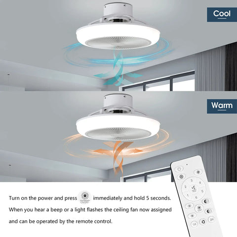 Low Profile Ceiling Fan With Light Enclosed Flush Mount Bladeless Smart Ceiling Fan With Remote App And Wall Control, showing cool and warm modes
